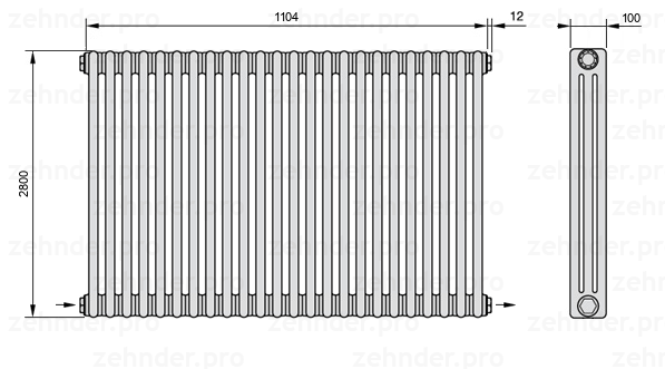 Схема (чертеж) Радиатор Zehnder Charleston 3280/24 №2670 Белый глянцевый RAL 9016